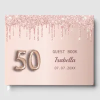 50th birthday rose gold pink drips  guest book