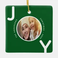 Christmas family photo green joy modern ceramic ornament