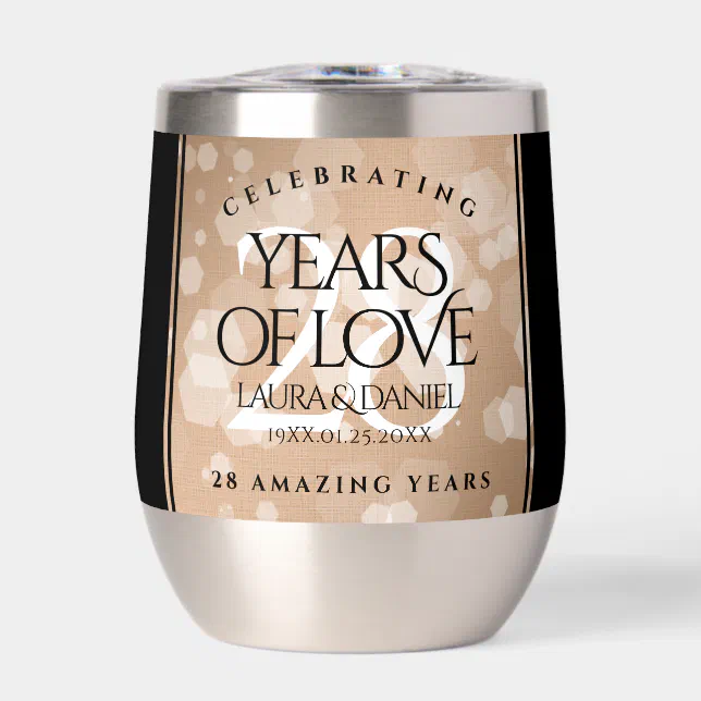 Elegant 28th Linen Wedding Anniversary Celebration Thermal Wine Tumbler