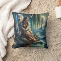 Native American Woman Relaxing by Water With Wolf Throw Pillow