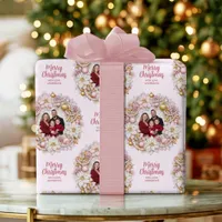 Personalized Photo Pink & Gold Christmas Wreath Wrapping Paper
