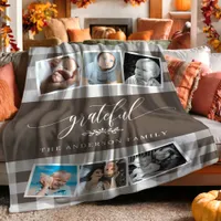 Grateful Brown Plaid Fall Family 6 Photo Collage Fleece Blanket