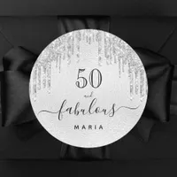 50 fabulous birthday Sparkling glitter silver name Classic Round Sticker