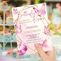 Pink Cute Butterfly Kisses & Baby Wishes Invitation