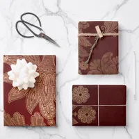 Deep Burgundy Red and Gold Damask Wrapping Paper Sheets