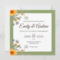 Sage Sunflower Floral Watercolor Square Wedding Invitation