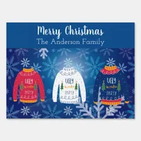 Christmas party ugly sweater red blue snow winter sign