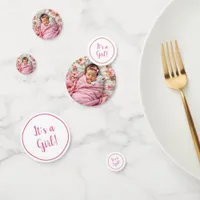 Pink Floral Baby Girl and White Kitten Confetti