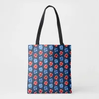 Christmas blue and red ornaments with snowflakes tote bag