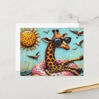 Cute Giraffe on Donut Floatation Device Birds Fly Postcard