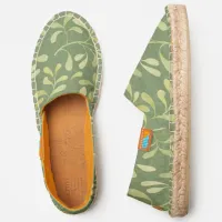 Botanical Pale Green Leaves Pattern on Green Espadrilles