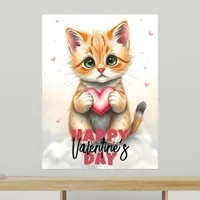 Adorable Kitten Holding Pink Heart Valentine's Day Poster