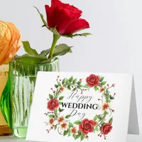 Elegant Floral Wreath with Red Roses Wedding Card