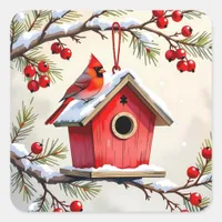 Christmas Cardinal Birdhouse snowy pine branch  Square Sticker