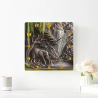 Majestic Elephant by Tranquil Waterfall Scene Square Wall Clock