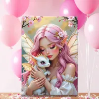 Pink Elven Fairy & White Dragon | Happy Birthday Card