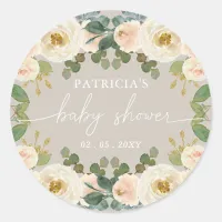 Elegant Taupe Peach Floral Baby Shower Classic Round Sticker