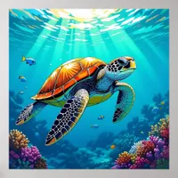 Sea Turtle Vibrant Ocean Illustration Poster