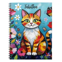 Impasto Cat, Flowers & Butterfly Personalized Notebook