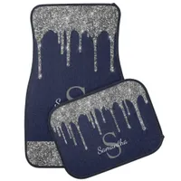 Silver Glitter Drips Sparkle Navy Blue Monogram Car Floor Mat