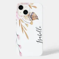 Boho pink flowers feathers white name Case-Mate iPhone 14 case