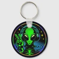 Alien in Headphones giving Peace Sign Personalized Keychain