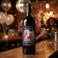 Disco Ball Musical Notes Pink Purple 21st Birthday Wine Label