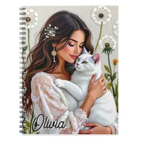 Beautiful Woman, Cat and Dandelions Personalized Notebook