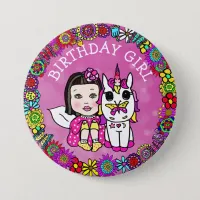 Magenta Birthday Girl Fairy and Unicorn Button