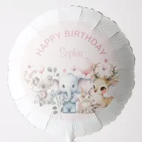 Cute Watercolor Wild Animals Pink Girl Birthday Balloon