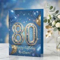Elegant Blue Gold Sparkly Balloons 80th Birthday Card