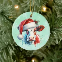 Moo-ey Christmas | Cow in Santa Hat Ceramic Ornament