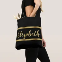 Black gold name script bold tote bag