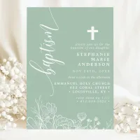 Dusty Mint White Floral Elegant Script Baptism Invitation