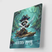 Cute Captain Raccoon Rafting Down the River Square Wall Clock