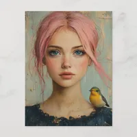 A girl with pink hair and a bird on her shoulder postcard