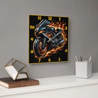 Fiery motorcycle roaring through the night square wall clock