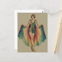 Flapper Woman in a Rainbow Cape and Dress Postcard