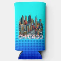 Pop art Comic Book Chicago, Illinois Skyline  Seltzer Can Cooler