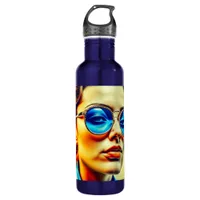 Pretty Lady with Blue Sunglasses with Reflection Stainless Steel Water Bottle