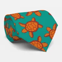 Hawaii Sea Turtle Patterned Blue and Orange Aloha Neck Tie