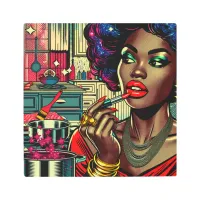 Beautiful Woman Putting on Lipstick Metal Print