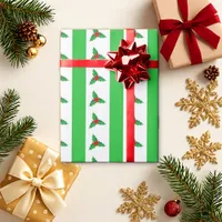 Classic Green White Holly Stripe Christmas Pattern Wrapping Paper
