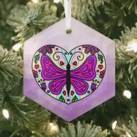 Pretty Purple Butterfly and Heart Mandala   Glass Ornament