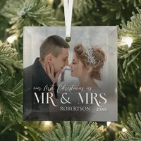 Modern First Christmas Mr & Mrs Newlywed Photo Glass Ornament