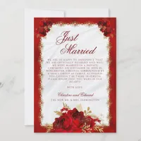 Elegant Script Red Gold Roses Floral Wedding Announcement