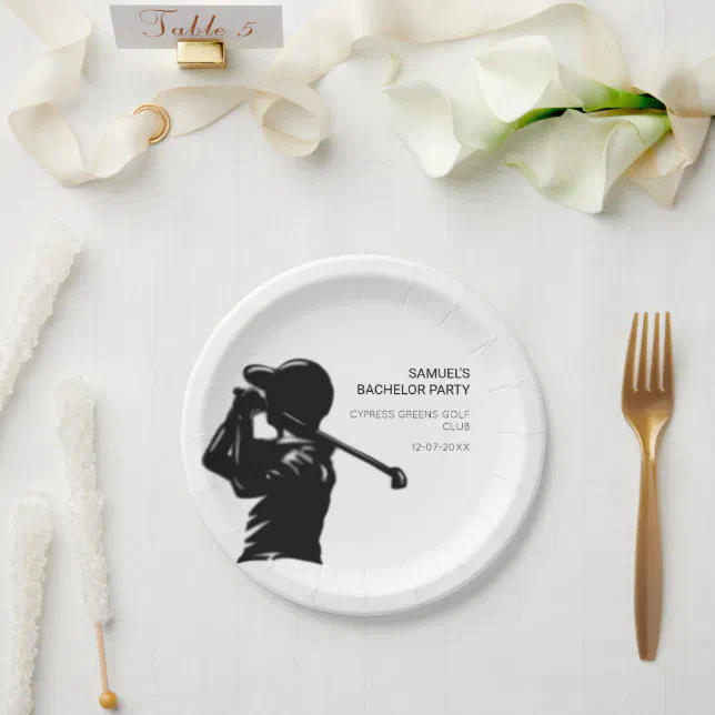 Black golfer Golfing Trip Bachelor Party minimal  Paper Plates