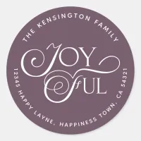 Modern Purple Mauve Joyful Holiday Return Address Classic Round Sticker