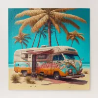 Retro RV and Palm Trees Jigsaw Puzzle