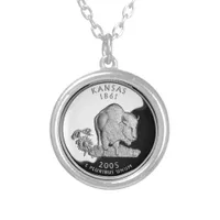 Faux Kansas State Quarter Round Silver Plated Necklace